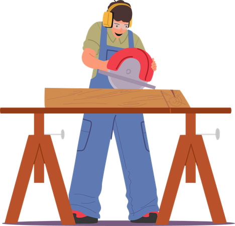 Carpenter Wearing Protective Ear Muffs And Operating Circular Saw O Wooden Plank In Workshop Setting  Illustration