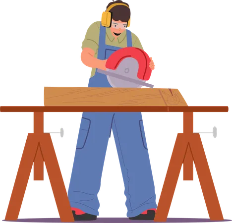 Carpenter Wearing Protective Ear Muffs And Operating Circular Saw O Wooden Plank In Workshop Setting  Illustration