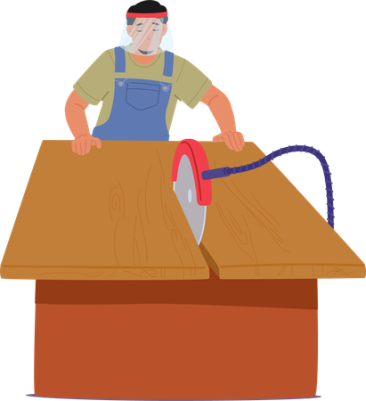 Carpenter Wearing Safety Gear Using Circular Saw On Wooden Plank In Workshop Setting Emphasizing Safety  Illustration