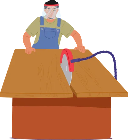 Carpenter Wearing Safety Gear Using Circular Saw On Wooden Plank In Workshop Setting Emphasizing Safety  Illustration