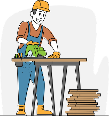 Carpenter with Circular Saw Working in Workshop  Illustration