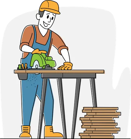 Carpenter with Circular Saw Working in Workshop  Illustration