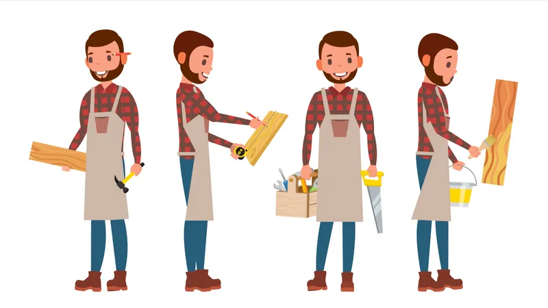 Professional Carpenter Vector Foreman Male In Different Poses Profession Flat Cartoon Illustration Illustration