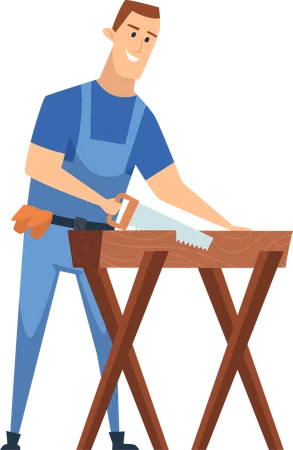 Carpenter with hand saw and wood plane Illustration