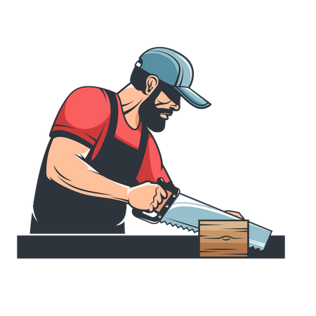 Carpenter with hand saw and wood plane  Illustration