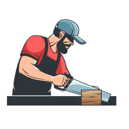 Carpenter with hand saw and wood plane  Illustration