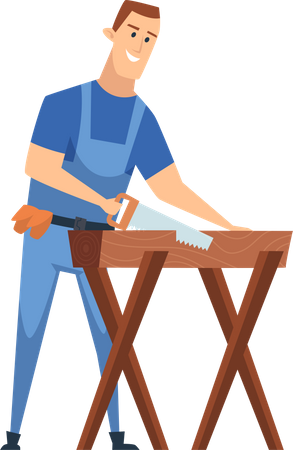 Carpenter with hand saw and wood plane  Illustration