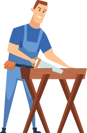 Carpenter with hand saw and wood plane  Illustration