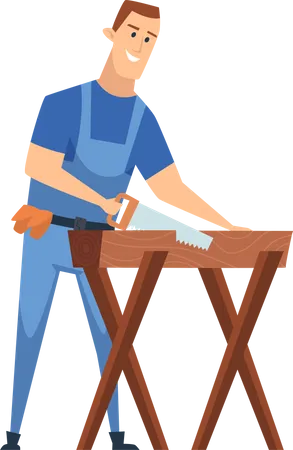 Carpenter with hand saw and wood plane  Illustration