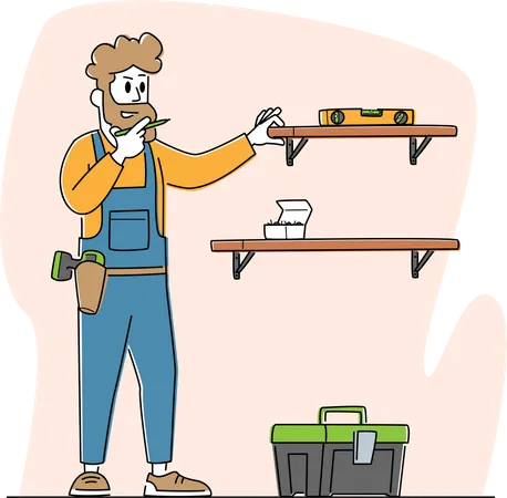 Carpenter Worker Home Furniture Hanging Shelves on Wall  Illustration