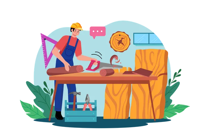 Carpenter Working In A Workshop  Illustration