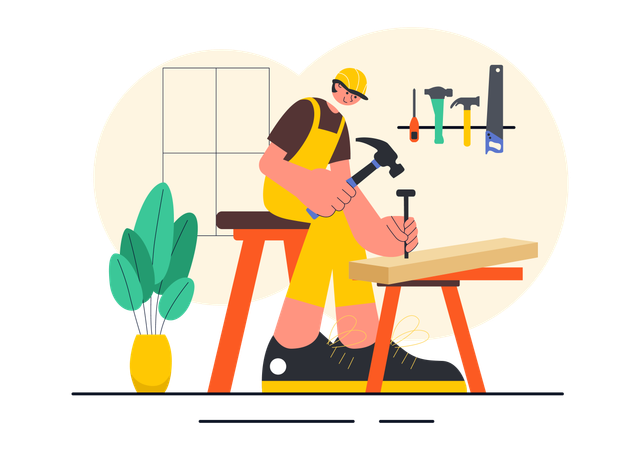 Carpenter working in workshop Illustration