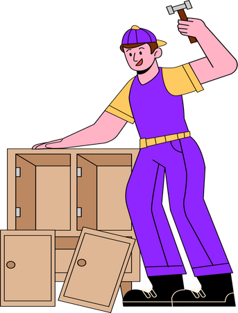 Carpenter working on wooden Cabinet Illustration