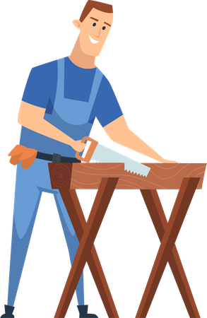 Carpinteiro com serra manual e plaina de madeira  Ilustração