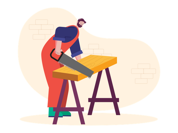 Carpinteiro cortando madeira  Ilustração