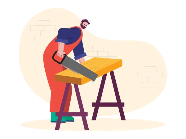 Carpinteiro cortando madeira  Ilustração