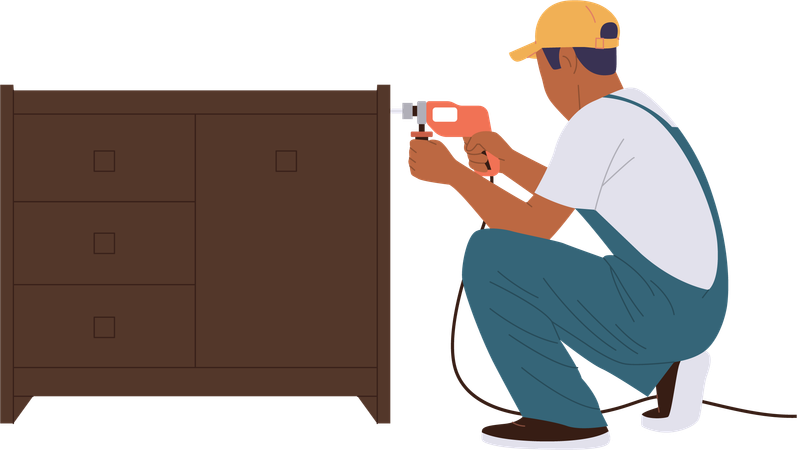 Carpinteiro está consertando móveis  Ilustração