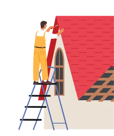 Homem carpinteiro reforma telhado de prédio residencial  Ilustração