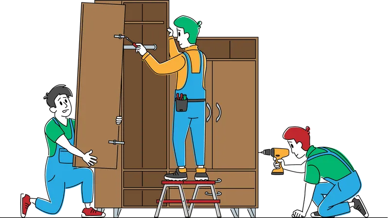 Homens carpinteiros consertam carpintaria  Ilustração