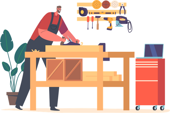 Carpinteiro masculino trabalha em uma oficina de carpintaria com ferramenta plana  Ilustração