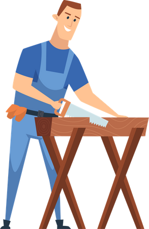 Carpintero con sierra de mano y cepillo para madera.  Ilustración