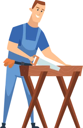 Carpintero con sierra de mano y cepillo para madera.  Ilustración