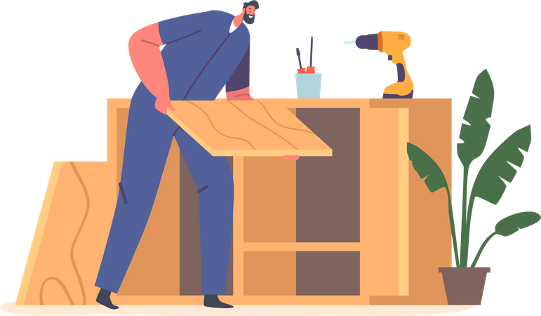 Carpintero masculino ensamblando muebles de madera usando herramientas  Ilustración
