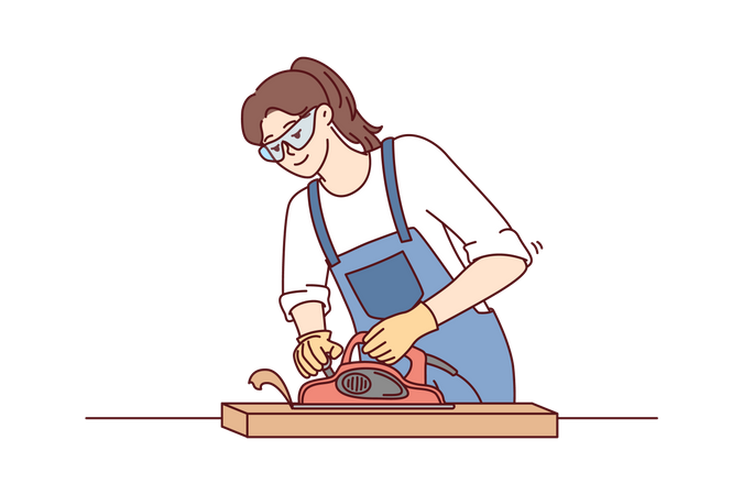Carpintero mujer astillando madera  Ilustración