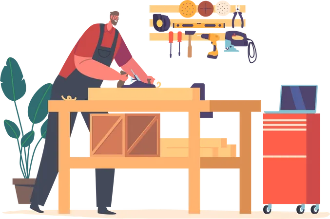 Carpintero masculino trabaja en un taller de carpintería con herramienta plana  Ilustración