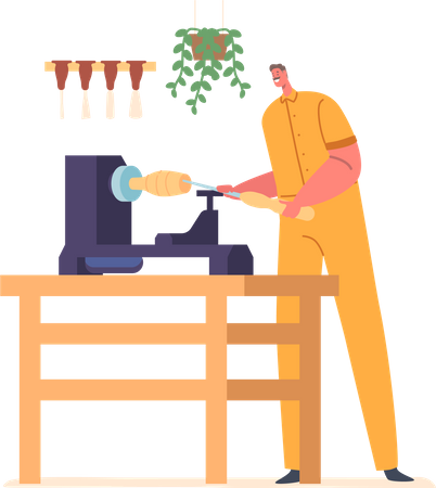 Carpintero masculino trabajando en taller de carpintería  Ilustración