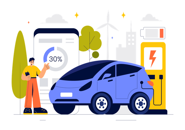 Carregamento de bateria de carro elétrico  Ilustração