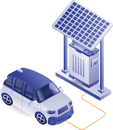 Carregamento de carro elétrico com energia de painel solar  Ilustração