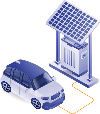 Carregamento de carro elétrico com energia de painel solar  Ilustração