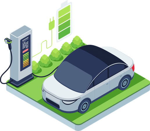 Carregamento de carro elétrico em um posto com bateria  Ilustração