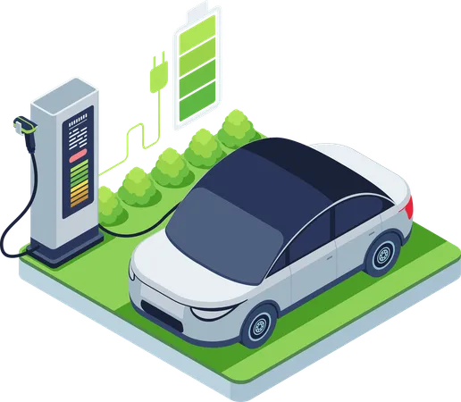 Carregamento de carro elétrico em um posto com bateria  Ilustração