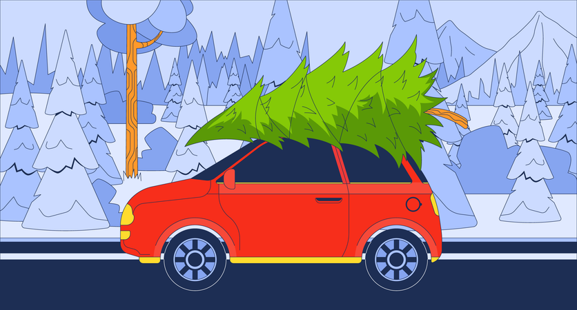 Carregando árvore de natal no carro  Ilustração