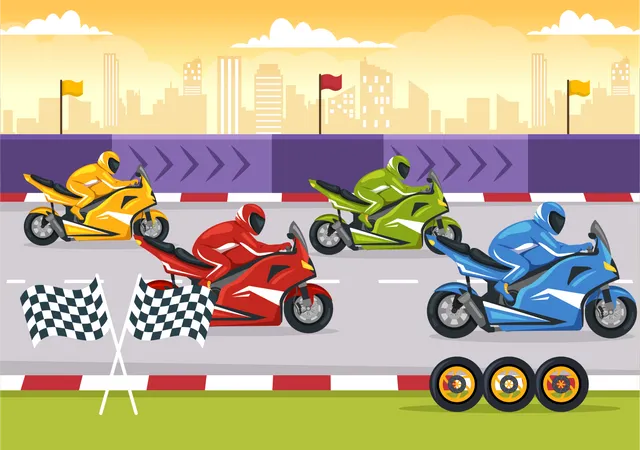 Campeonato De Carreras De Motos En La Ilustracion De La Pista De Carreras Con Motor De Carreras Para La Pagina De Inicio En Plantillas Dibujadas A Mano De Dibujos Animados Planos Ilustración