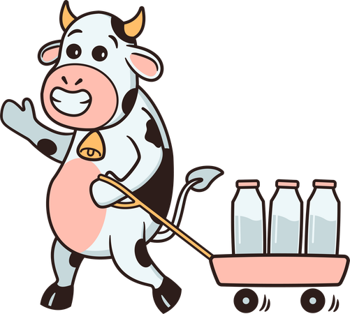 Vaca puxando carrinho de garrafa de leite  Ilustração