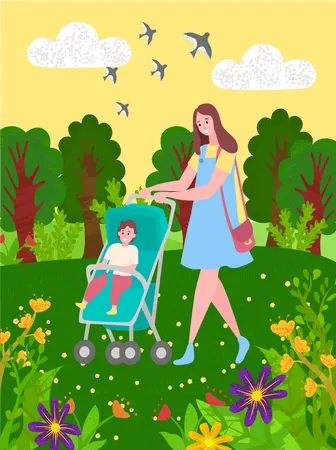Mãe com carrinho de bebê  Ilustração