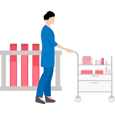Enfermeira carregando carrinho médico  Ilustração