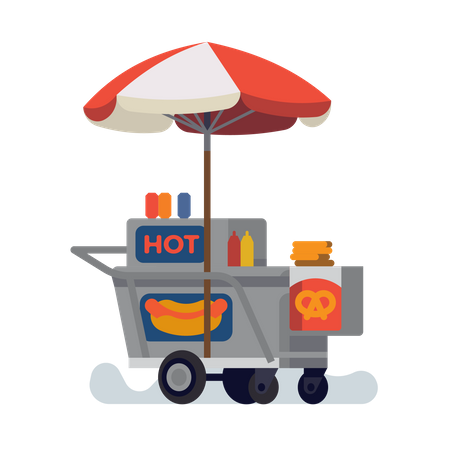 Carrito de comida callejera para perros calientes  Ilustración