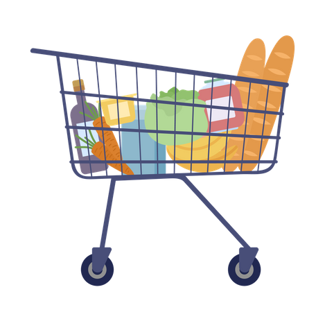 Carro de compras con comida del supermercado.  Ilustración