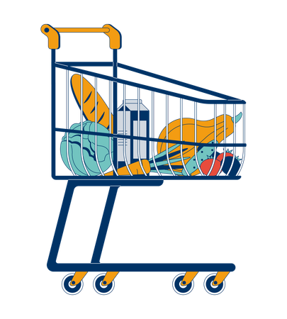 Carrito de compras lleno de comestibles  Ilustración
