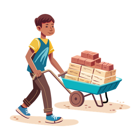 Niño cargando un carrito con ladrillos para la construcción  Ilustración