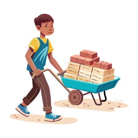 Niño cargando un carrito con ladrillos para la construcción  Ilustración