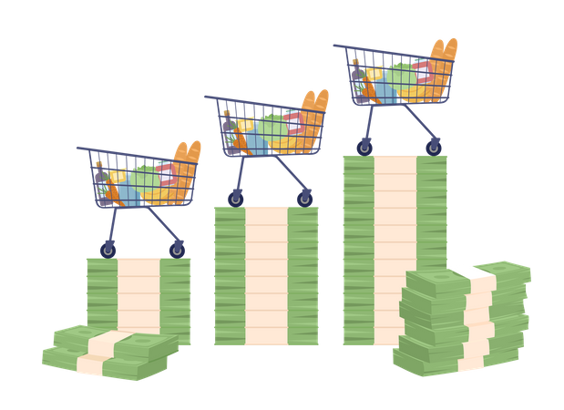 Carros de compras de pie sobre la pila de billetes  Ilustración