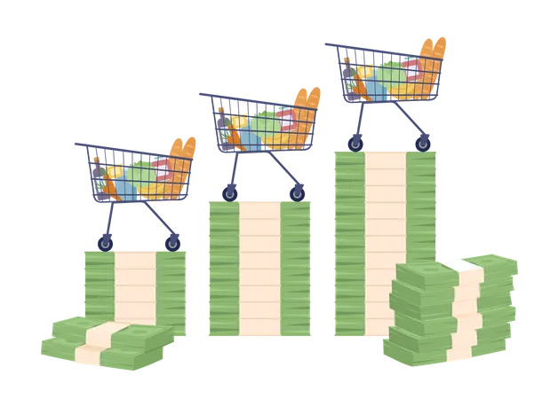 Carros de compras de pie sobre la pila de billetes  Ilustración