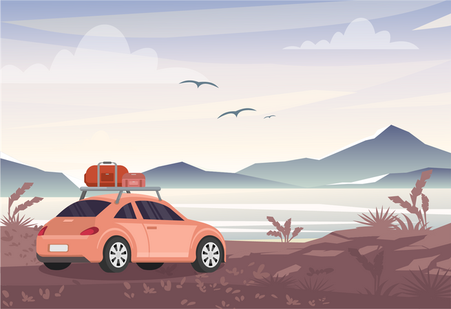 Carro acampado perto de bela paisagem  Ilustração