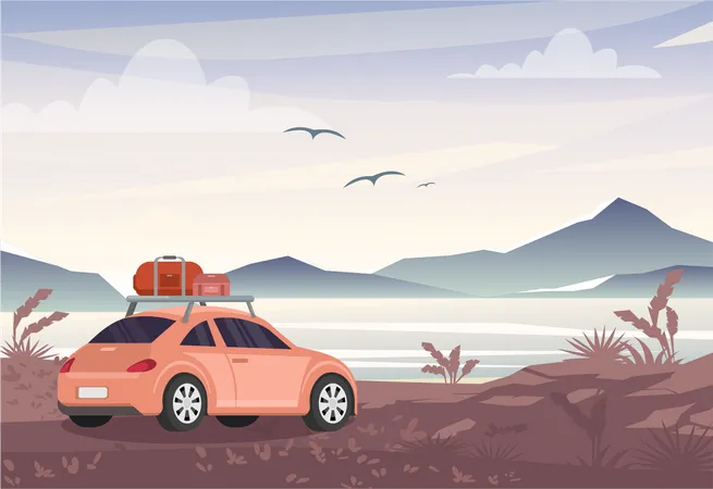 Carro acampado perto de bela paisagem  Ilustração