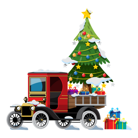 Carro antigo carregado com árvore de Natal  Ilustração